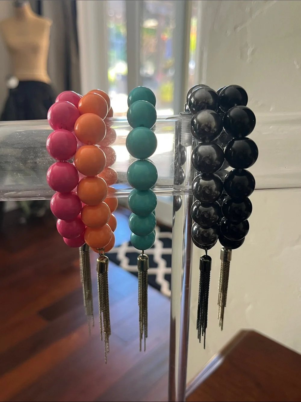 Beaded Tassel Stretch Bracelet Set - Pink, Orange, Teal, Grey, Black